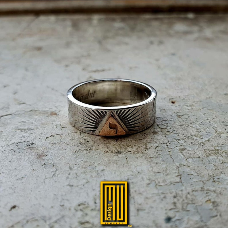 Masonic Ring for Scottish Rite 14th Degree with Hebrew Yod in 14k Gold Triangle Handmade Men's Jewelry 8mm with 14k Rose Gold Triangle