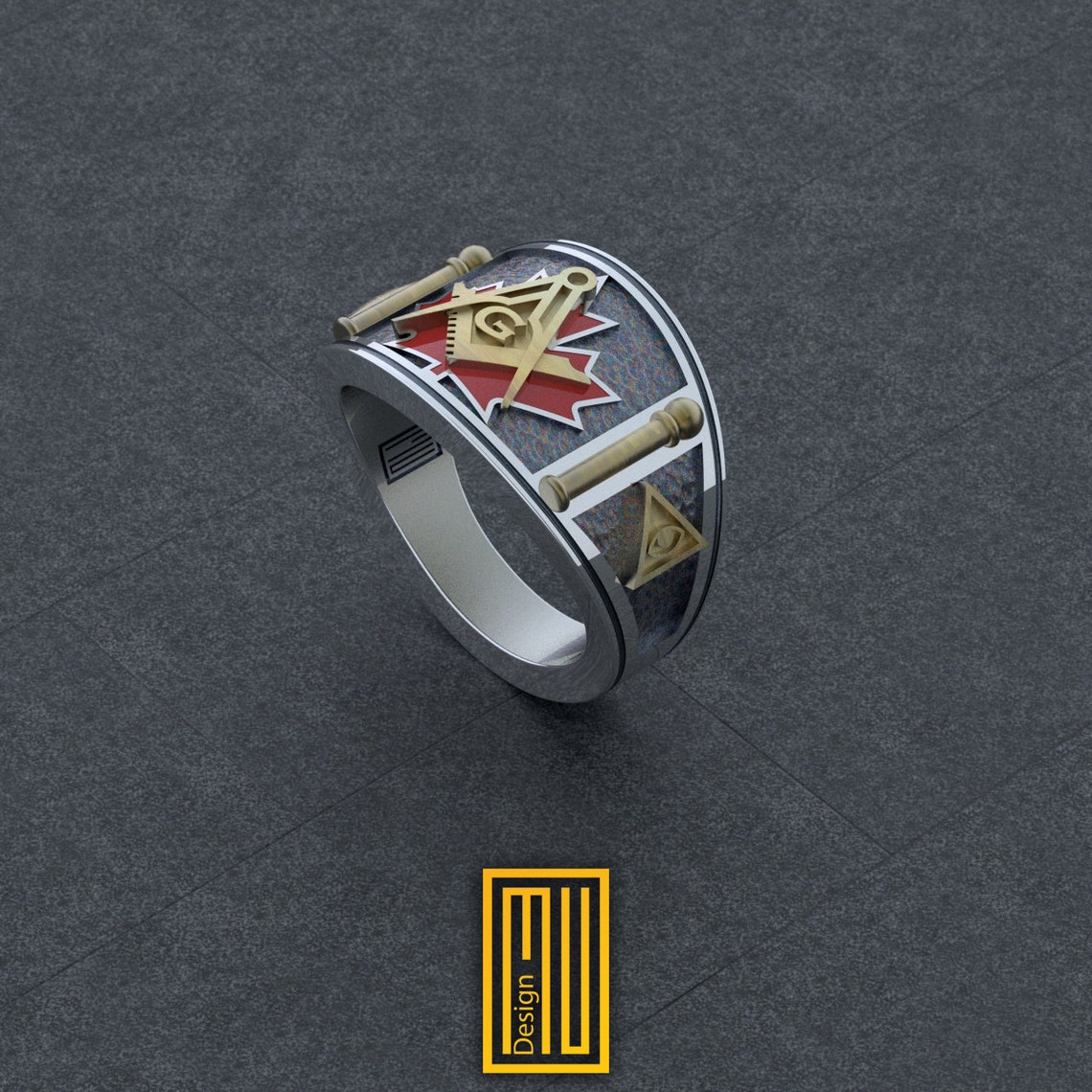 Band Style Masonic Ring With Enameled Maple Leaf 925K Sterling Etsy