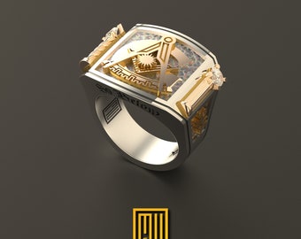 Past Master Ring With Roslyn Chapel's Golden Pillars and Symbols - Freemason Signet Ring, Handmade Men's Jewelry - Esoteric & Mystic Gift