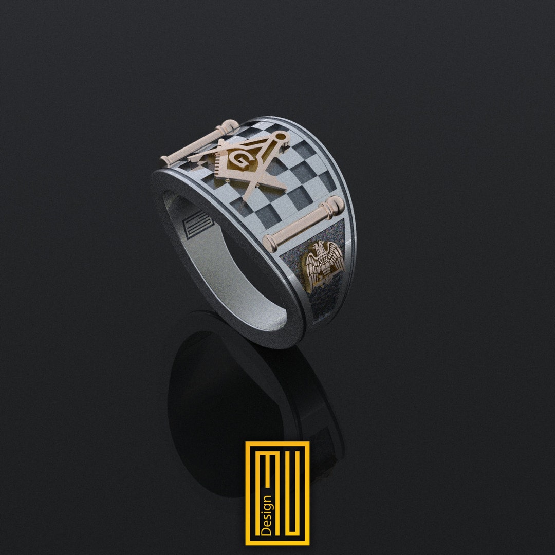 Band Style Masonic Ring With Masonic Tiles Freemason Ring, Handmade Men