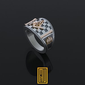 Band Style Masonic Ring With Masonic Tiles - Freemason Ring, Handmade Men's Jewelry