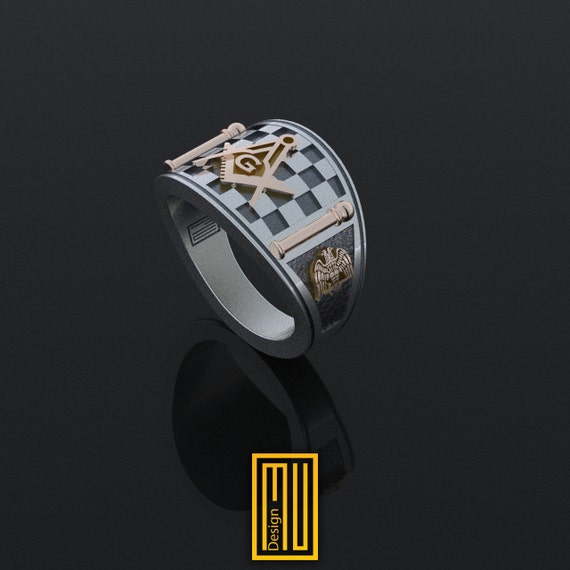 Band Style Masonic Ring With Masonic Tiles Freemason Ring