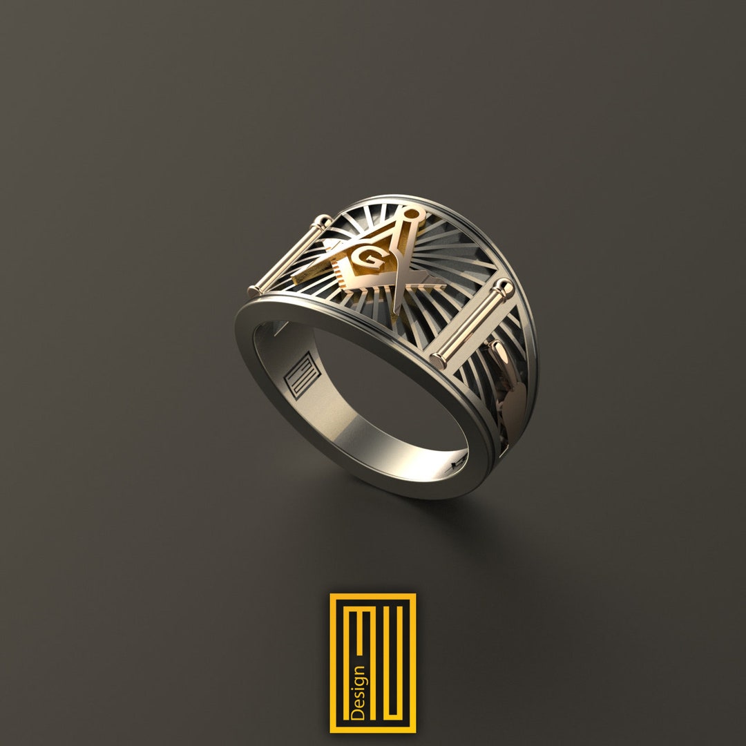 Band Style Masonic Ring Silver and Gold Tools Freemason Ring
