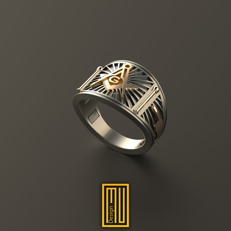Band Style Masonic Ring Silver and Gold Tools Freemason Signet Ring, Hammared Jewelry Esoteric & Mystic Gift image 1