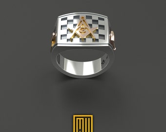 Ring With Square and Compasses on Masonic Tiles - Handmade Jewelry - Masonic Ring