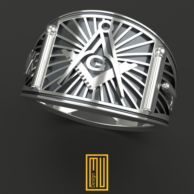 Band Style Masonic Ring Silver and Gold Tools Freemason Signet Ring, Hammared Jewelry Esoteric & Mystic Gift image 2