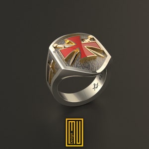 The Knights Templar Ring 925k Sterling Silver with Enamel with Sword Symbol - Handmade Men's Jewelry