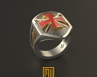 The Knights Templar Ring 925k Sterling Silver with Enamel with Sword Symbol - Handmade Men's Jewelry