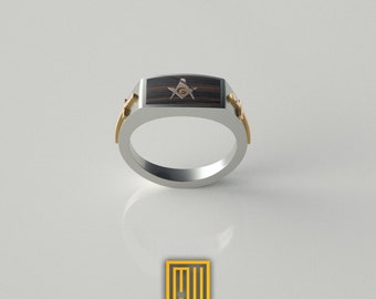 Ring For Knights with Golden Swords, S&C And Ebony on Top - Freemason Signet Ring - Handmade Men's Jewelry