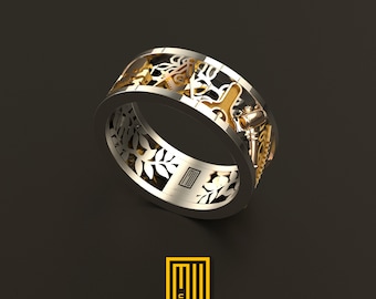 Ring with Acacia Leaves and Gold or Bronze Tools