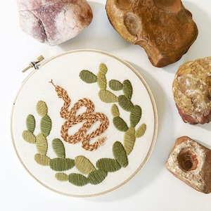 Embroidery Kit - Rattlesnake Embroidery Kit - Intermediate Embroidery Kit - 6 Inch Design - Cactus - Snake - Desert Art - Southwestern Art