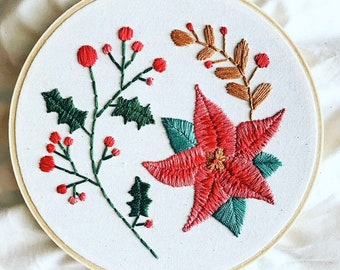 Embroidery Kit - Christmas Pattern with Poinsettia and Holly - Christmas Craft - Holiday Craft - DIY - Holiday Decor