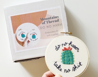 Embroidery Kit - Cactus Do No Harm 4 Inch Embroidery Art - Cactus Embroidery DIY - Beginner and Intermediate Level - DIY Kit