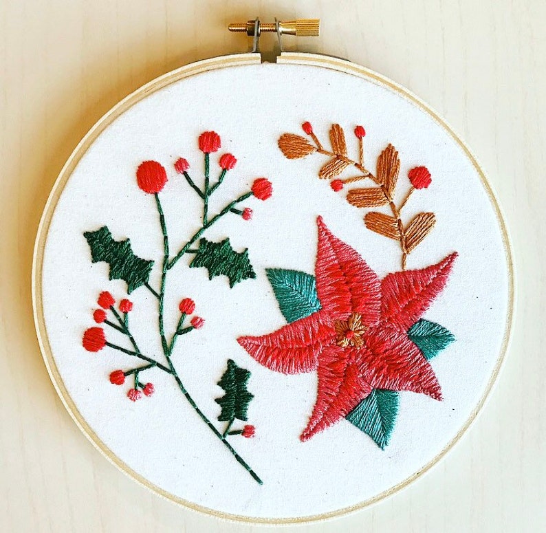 Embroidery Kit Christmas Pattern with Poinsettia and Holly Christmas Craft Holiday Craft DIY Holiday Decor image 3