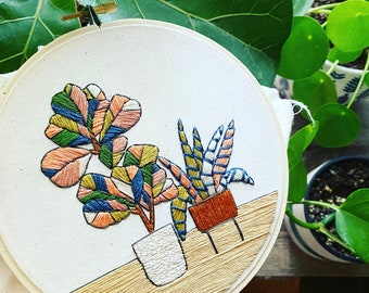 Embroidery Kit - Colorful Houseplants Pattern - Plant Embroidery - Embroidery How To - Beginner Level - Houseplants - Fiddle Fig Art -