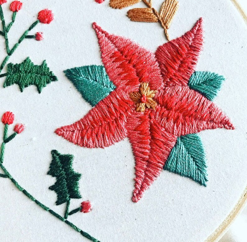 Embroidery Kit Christmas Pattern with Poinsettia and Holly Christmas Craft Holiday Craft DIY Holiday Decor image 2