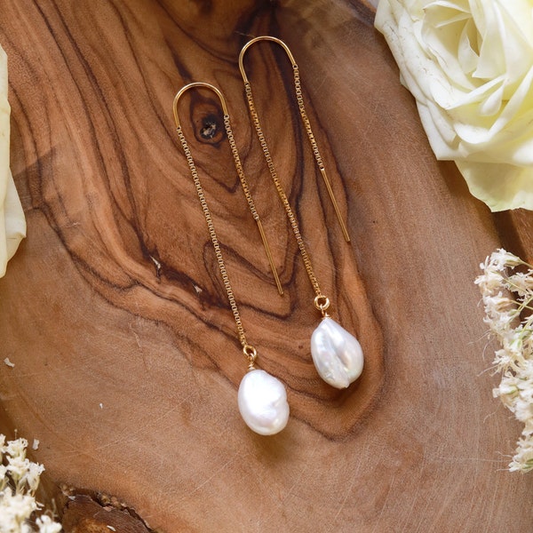 Pearl Ear Threaders Earrings - Pair | 14k Gold Filled Ear Threaders with Handwrapped Freshwater Pearls Earrings, as a pair