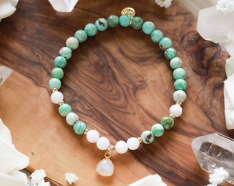 Oceanic Sage Gemstone Bracelet | Peruvian Turquoise, Mother of Pearl, Moonstone Drop + 14k Goldfilled Accents for Cleansing and Confidence