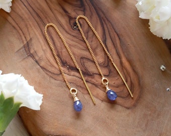 Tanzanite Ear Threaders Earrings - Pair | 14k Gold Vermeil or .925 Sterling Silver Tanzanite Teardrop Briolette Earrings, as a pair