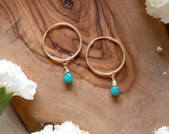 Turquoise Baby Hoop Earrings | 14k Goldfilled Hoops + Hand-wrapped natural Turquoise drops // .925 Sterling Silver Hoops