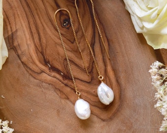 Pearl Ear Threaders Earrings - Pair | 14k Gold Filled Ear Threaders with Handwrapped Freshwater Pearls Earrings, as a pair