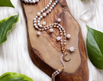 Ecliptic Moon Mala | White Howlite x Moonstone ~ 108 Meditation beads, 14k Gold Filled + Gold Vermeil Accents + Moon Charm
