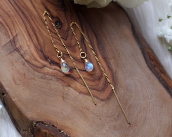 Moonstone Ear Threaders Earrings - Pair | 14k Gold Vermeil or .925 Sterling Silver Rainbow Moonstone Teardrop Briolette Earrings, as a pair
