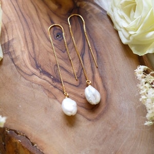 Pearl Ear Threaders Earrings Pair 14k Gold Filled Ear Threaders with Handwrapped Freshwater Pearls Earrings, as a pair image 3