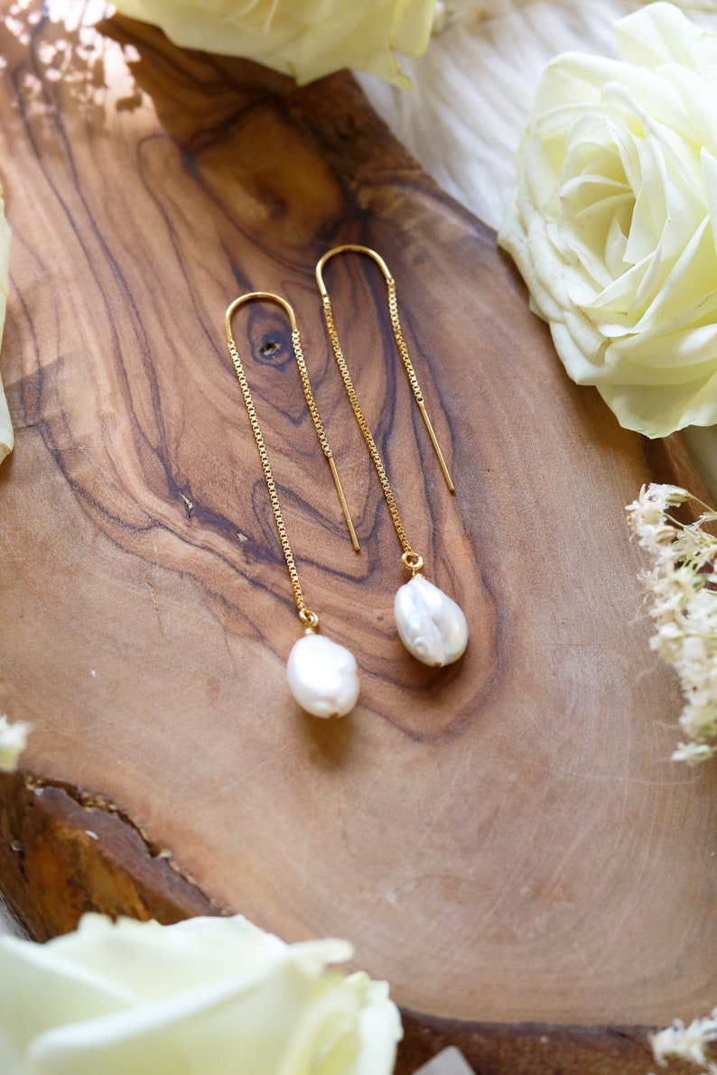 Pearl Ear Threaders Earrings Pair 14k Gold Filled Ear Threaders with Handwrapped Freshwater Pearls Earrings, as a pair image 3