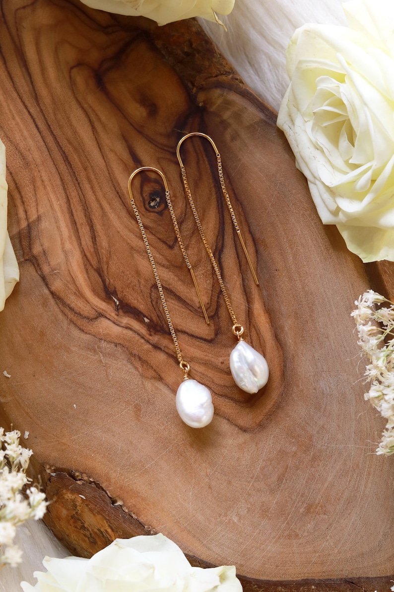 Pearl Ear Threaders Earrings Pair 14k Gold Filled Ear Threaders with Handwrapped Freshwater Pearls Earrings, as a pair image 1