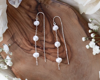 Pearl Cascade Silver Ear Threaders - Pair | Freshwater Pearl Nuggets, .925 Sterling Silver Chain + Threaders Earrings, as a pair