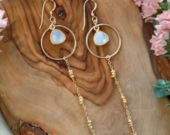 Starlight Moonstone Gold Earrings | 14k Goldfilled Chain/Spacers + 14k Gold Vermeil Flashy Moonstone Bezel