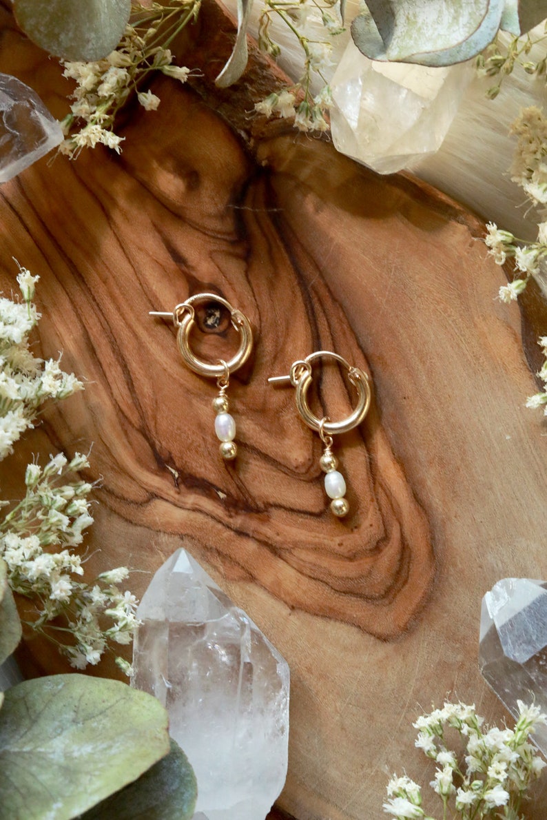 Pearl Drip Gold Huggies Earrings 14k Gold Filled Huggies 14k Gold Filled Beads Genuine Freshwater Pearl image 3