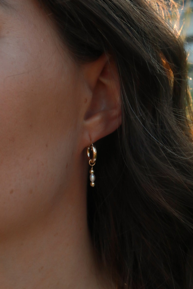 Pearl Drip Gold Huggies Earrings 14k Gold Filled Huggies 14k Gold Filled Beads Genuine Freshwater Pearl image 2