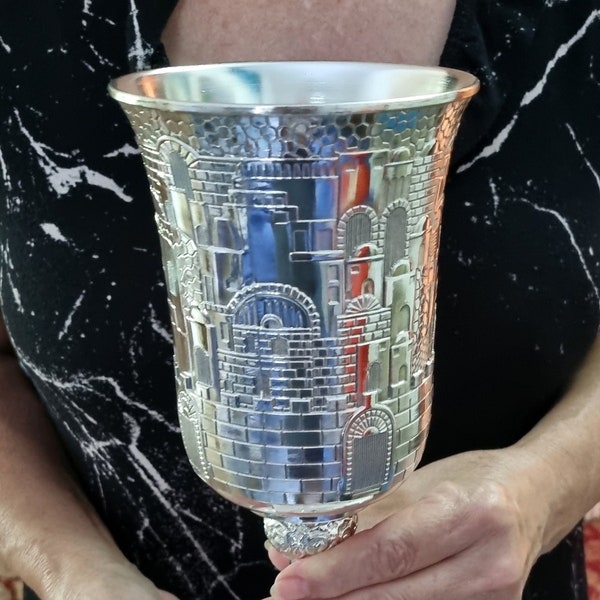 Extra Large!!! Silver coated 925 Communion cup Grail goblet Jerusalem walls design 25 cm, 10 inch high