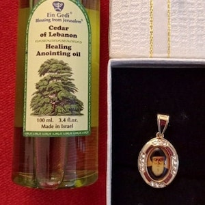 Anointing oil Cedar of Lebanon 100 ml+ St. Charbel Makhlouf holy pendant gold filled +icon wallet card free gift
