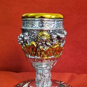 Silver coated 925 Communion cup Grail goblet Jerusalem cross and last supper Jerusalem etching 15 cm long
