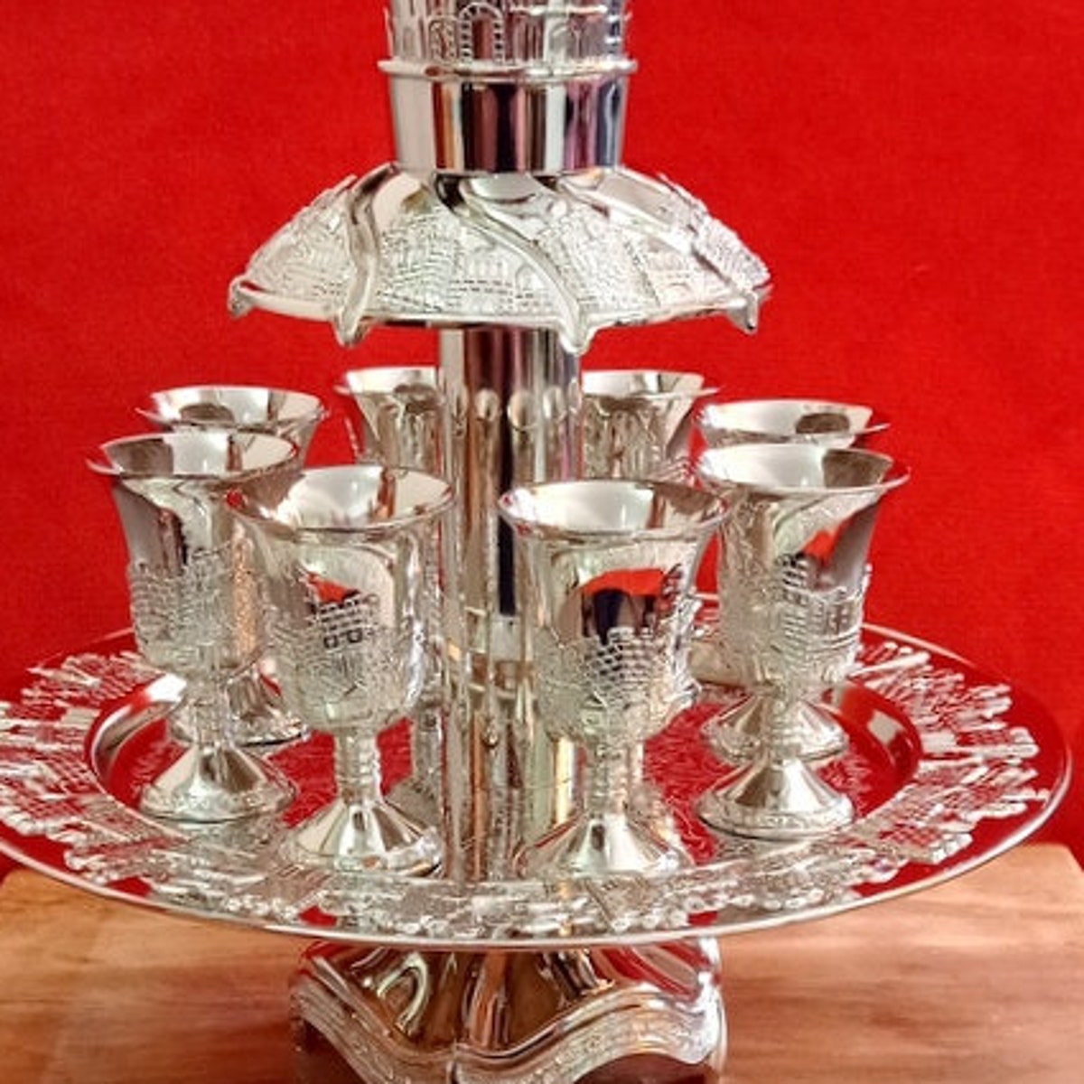 Unique Shabbat Wine Fountain Kiddush & 9 Cups Goblets Silver Tone Coated Judaica Jerusalem Design - Etsy