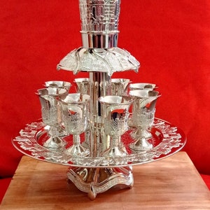 Unique Shabbat Wine Fountain Kiddush & 9 Cups Goblets Silver tone coated Judaica Jerusalem Design