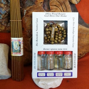 Beeswax candles Blessed Set Holy Water,Jerusalem Soil,anointing oil, Oil, Incense & Wood Rosary Jerusalem