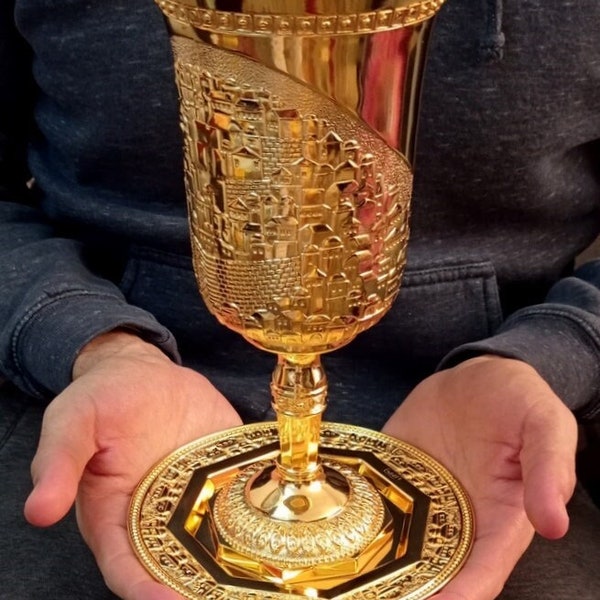 Extra Large!!! Gold tone Communion cup Grail goblet Jerusalem walls design 25 cm, 10 inch high