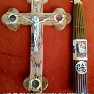Home blessings Olive wood cross handmade 25 cm,9.2 inch with Jerusalem stone window, Jerusalem holy sepulchre beeswax candles