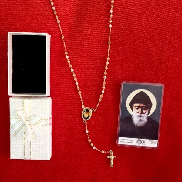 St. Charbel Makhlouf holy Necklace pendant gold filled + icon wallet card free gift