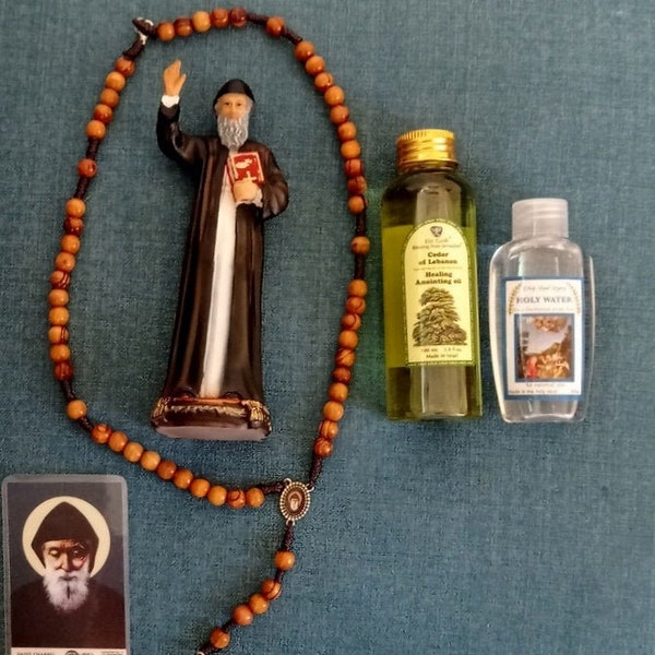 St. Charbel Resin Statue icon 15 cm+ Olive wood rosary cross icon,Anointing oil Cedar of Lebanon oil 100 ml,+Holy water 50 ml+ card