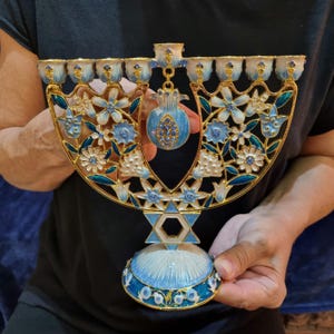 Hanukia Menorah 9 branches Hanukka special enamel heavy Jerusalem design 8 inch high