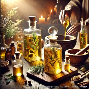 May include: A collection of glass bottles filled with golden liquid and herbs, arranged on a wooden table with a rustic background. The bottles are surrounded by green plants and other natural elements, creating a sense of tranquility and natural beauty.