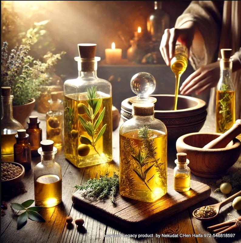 May include: A collection of glass bottles filled with golden liquid and herbs, arranged on a wooden table with a rustic background. The bottles are surrounded by green plants and other natural elements, creating a sense of tranquility and natural beauty.