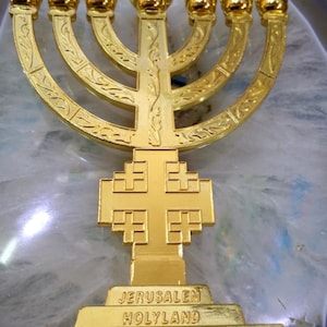 Messianic Menorah 7 branches Jerusalem cross symbol ,gift from Israel 12 cm מנורה מירושלים