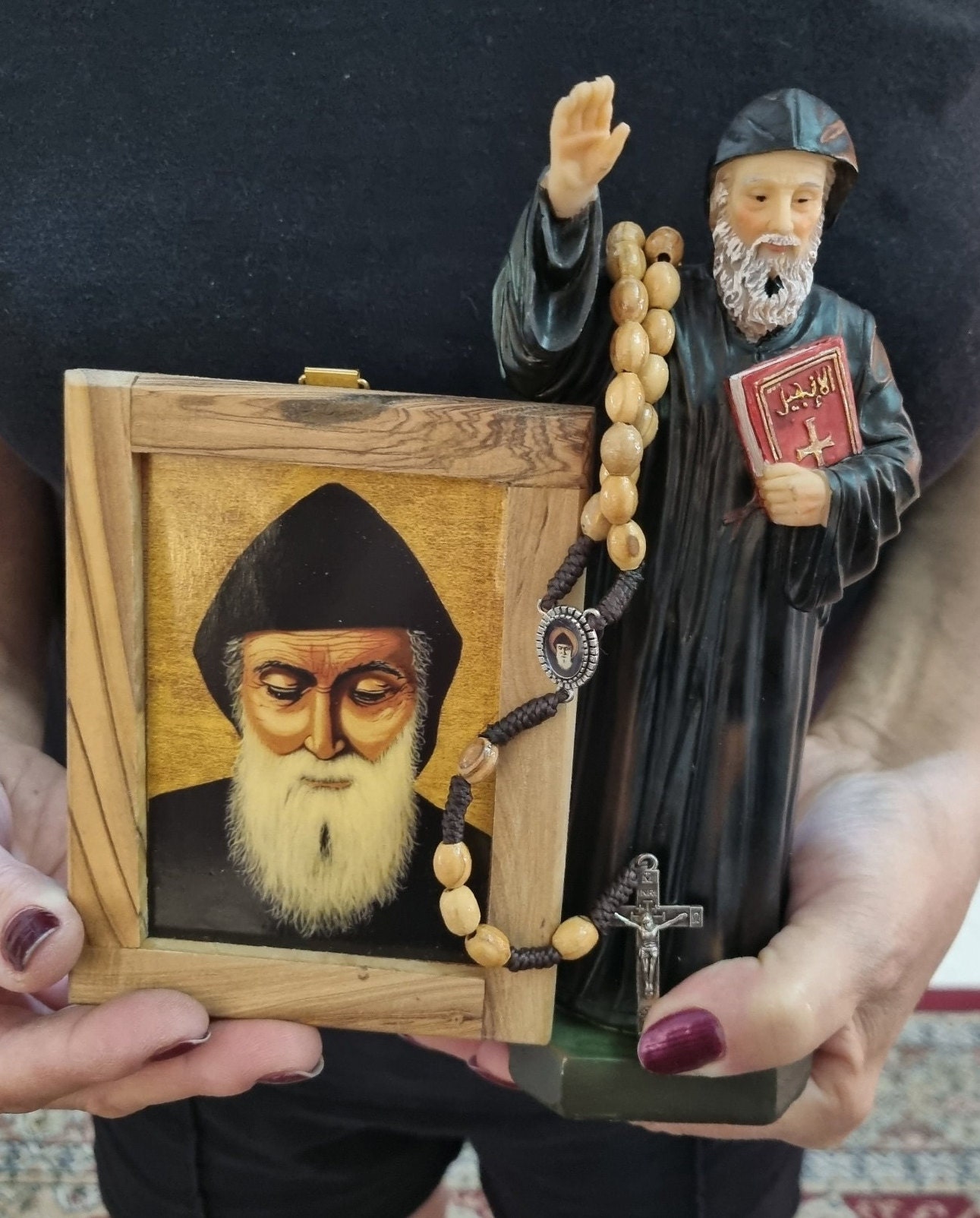 St. Charbel Makhlouf Youssef Antoun Resin Statue 20 cm,7.8"high, wood icon +free gift card