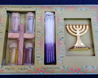 Conjunto de Tierra Santa Jerusalén Aceite de unción, incienso, Cruz de madera de olivo, Velas Agua bendita Río Jordán, Menorá